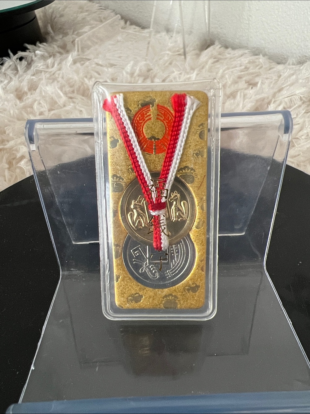 Japanese Fukuseni Seed Money Amulet Red & White Cord